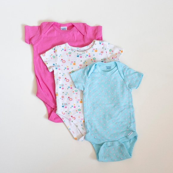 Set of 3 Baby Girl Onesies Blue Pink White Floral